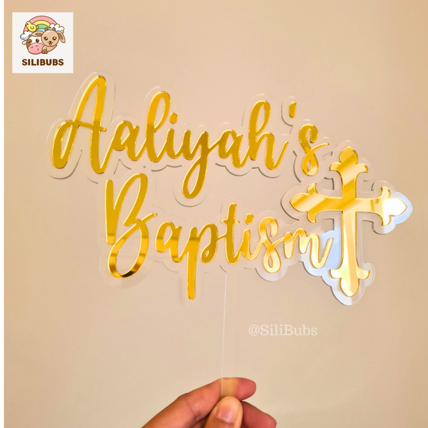 Floating Christening or Baptism with Cross Cake Topper (2 words)