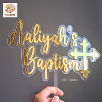 Personalised Gold Acrylic Cake Topper – Name And Cross Design For Christening
